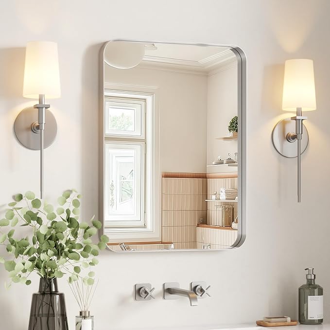 USHOWER Brushed Nickel Bathroom Mirror 22"x30", Rounded Corner, Aluminum Frame by USHOWER