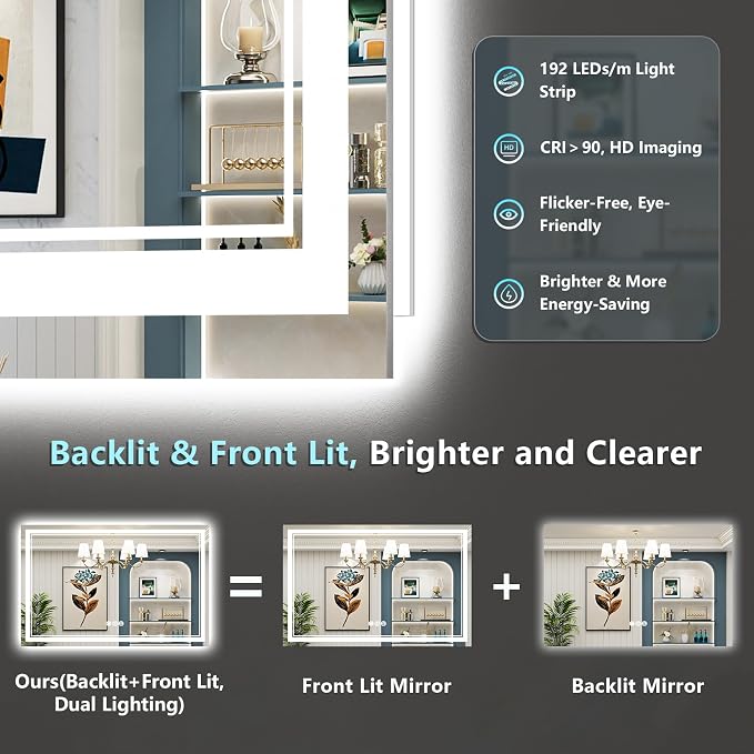 55x40 LED Bathroom Mirror with Lights, Backlit and Front Lit Anti-Fog Lighted - Image 3