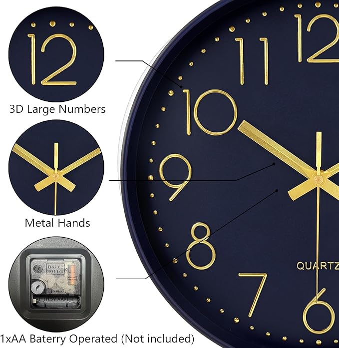 Modern Silent Wall Clock, 12 Inch Wall Clocks Battery Operated Large Number - Image 6