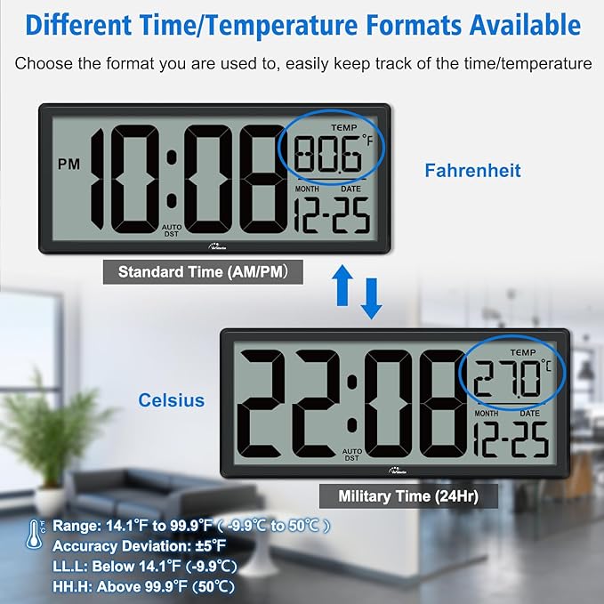 WallarGe Backlight Digital Wall Clock Battery Operated - - Image 6