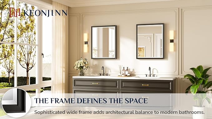 Keonjinn 24" x 30" Black Bathroom Vanity Mirror, HD Tempered Glass, Shatterproof - Image 7