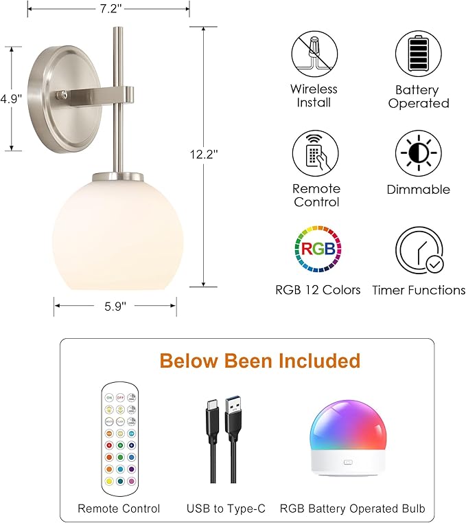 Brushed Nickel Battery Operated Wall Sconce Set of 2, Wireless Rechargeable - Image 2