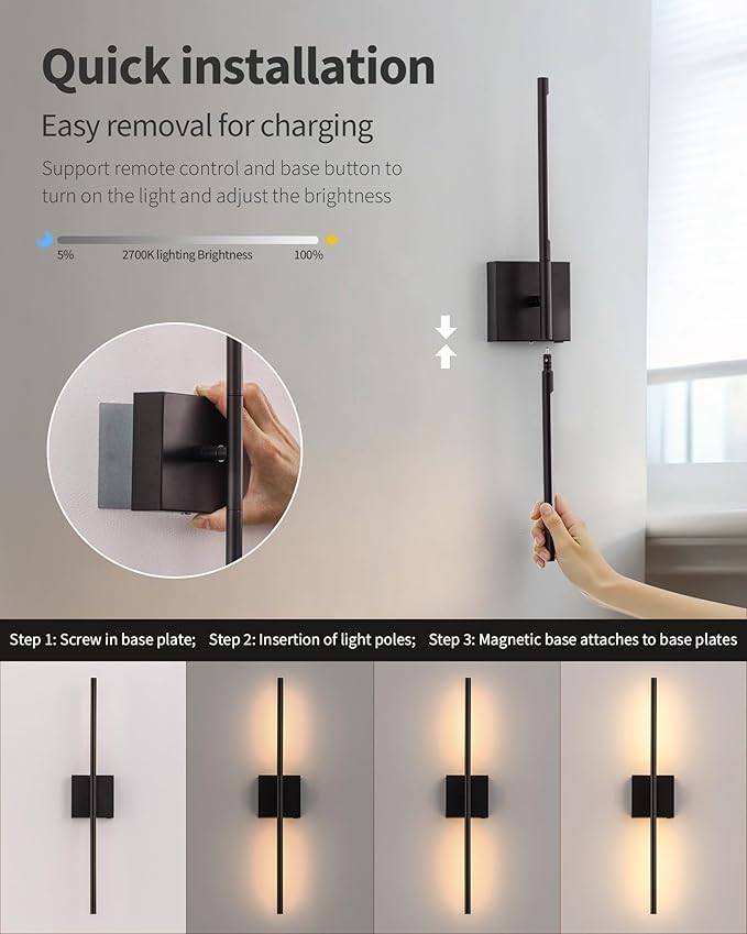 KDG Cordless Wall Sconces Set of 2, Wireless 5200mAh Rechargeable Battery - Image 4