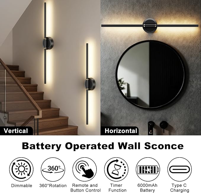 Battery Operated Wall Sconces Set of 2, Dimmable 6000mAh Rechargeable Wall - Image 2