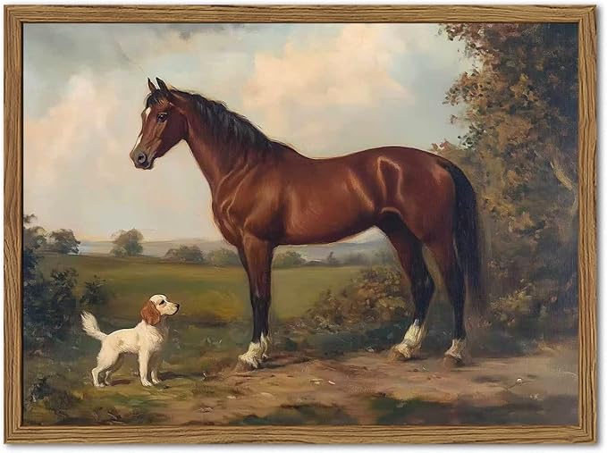 Framed Vintage Wall Art, Rustic Horse and Dog Pictures Wall Decor, Farmhouse by Unknown