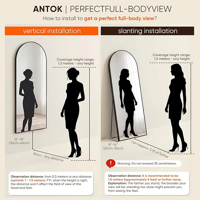 Antok Full Length Mirror, Arched Floor Standing Freestanding Arch Full Body - Image 9