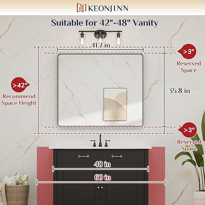 Keonjinn Black Bathroom Mirror for Over Sink, 42 x 36 Inch Large Rounded - Image 6