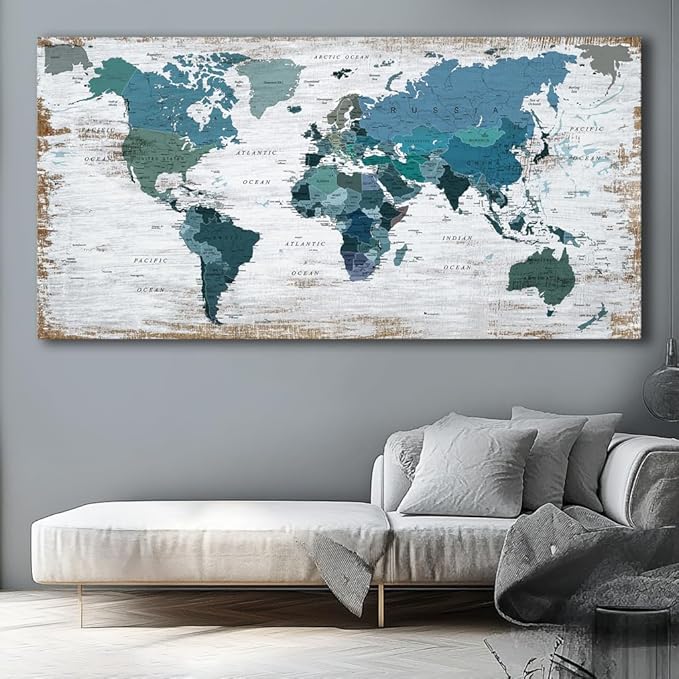Teal Decor map of the world Canvas Wall Art Pictures - Image 4