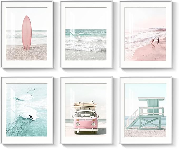 Framed Coastal Beach Wall Art for Living Room, 6 Piece Ocean Wave Surfboard by MXART