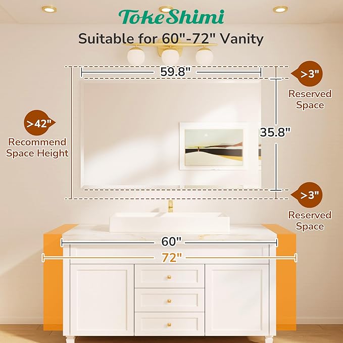 TokeShimi 60x36 Frameless Beveled Bathroom Mirror Rectangle, Tempered Rectangle - Image 2