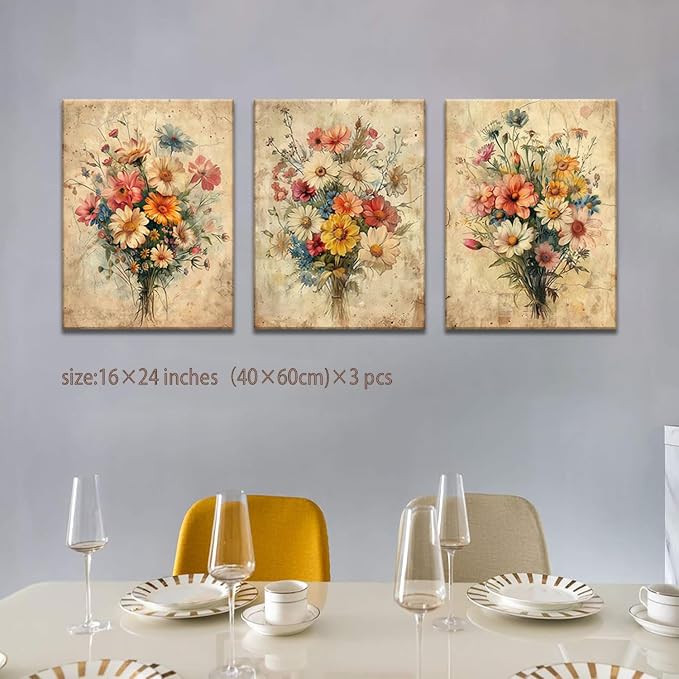 KISSFOX Framed Colorful Wildflower Canvas Wall Art Set Of 3 Flowers Pictures - Image 5