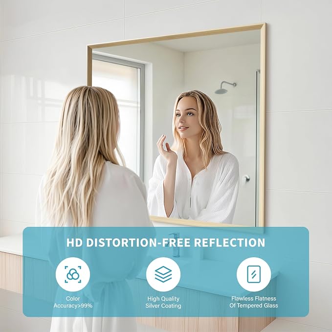 Oak Wood Effect Framed Wall Mirror, 36x36 Rectangle Mirror, Anti-desilvering - Image 3
