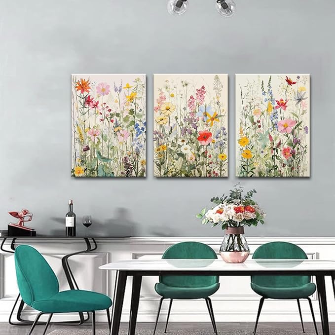 KISSFOX 3 Piece Canvas Wall Art Wildflowers Wall Decor Floral Pictures - Image 2