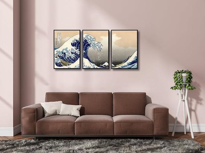 Wieco Art Black Framed Great Wave of Kanagawa Katsushika Hokusai 3 Piece Modern - Image 4