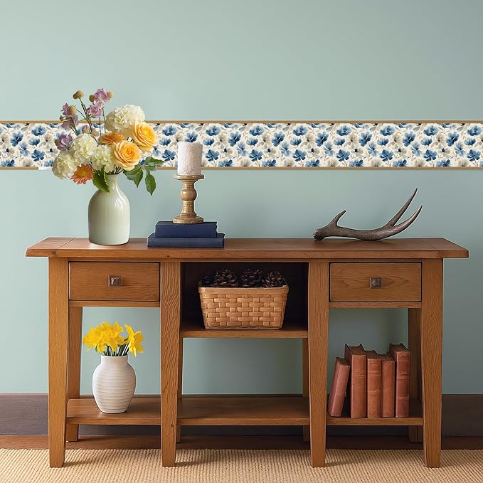 Blue Floral Wall Border 196x4 Inch Peel and Stick Vintage Flower Wallpaper - Image 6