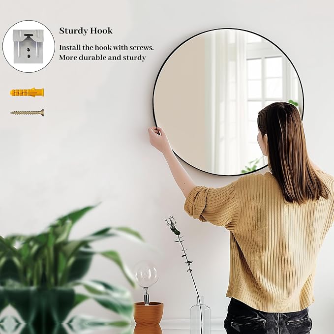 Sunniry 18 inch Round Mirror, Round Wall Mirror, Metal Frame Black Circle Mirror - Image 5