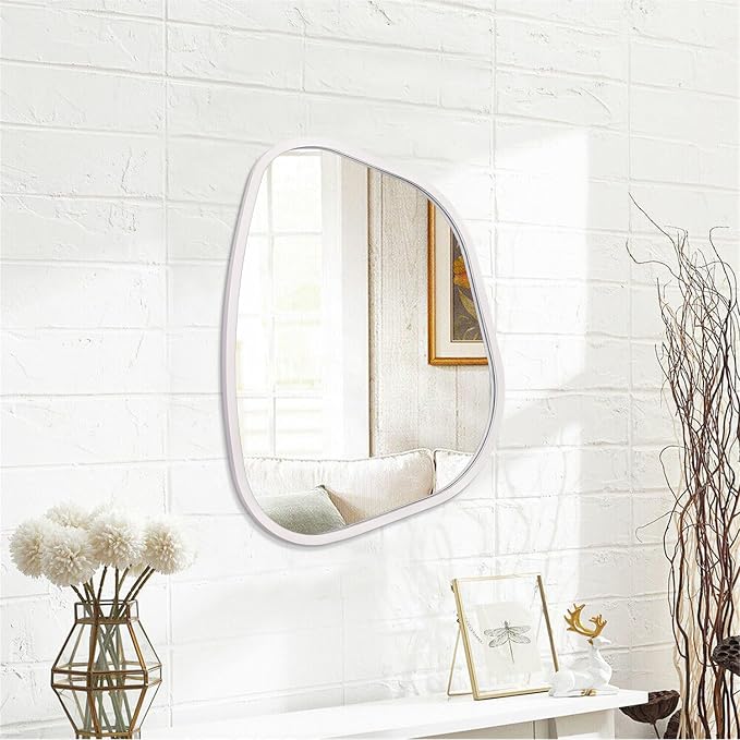 Irregular Wall Mirror Asymmetrical White Mirror Modern Wood Frame Unique Shape - Image 2