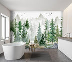 -Green Cartoon Pine Forest Nursery Fabric Wallpaper - Image 3