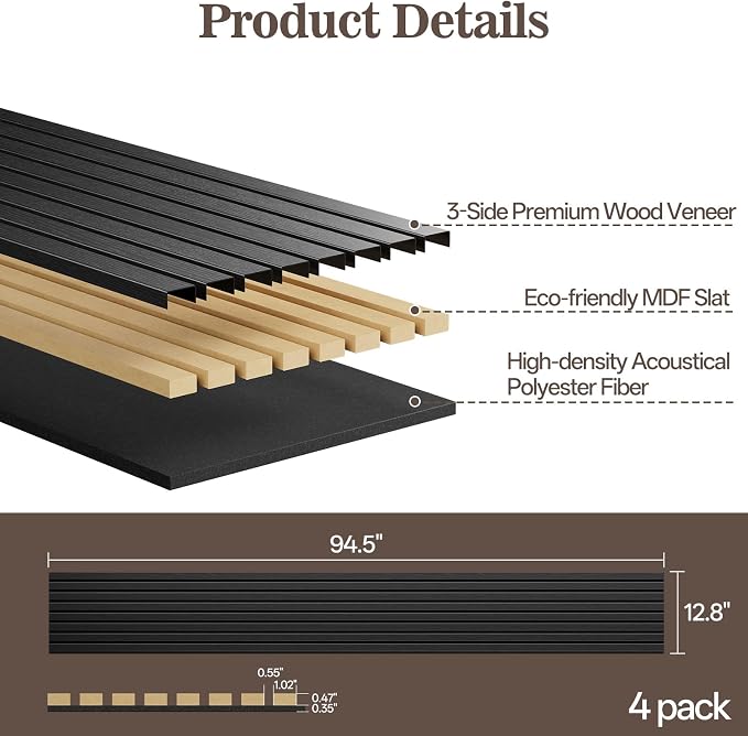 4 Pack Wood Panels for Wall, 94.4" x 12.8" Acoustic Wood Slat Wall Panel for - Image 2