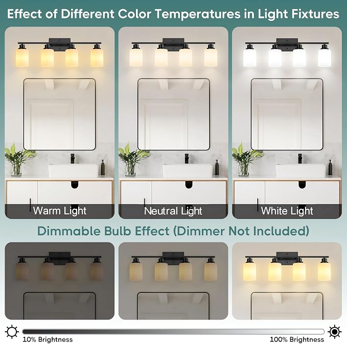 Ascher Bathroom Light Fixtures, 4-Light Vanity Light Over Mirror, Matte Black - Image 9