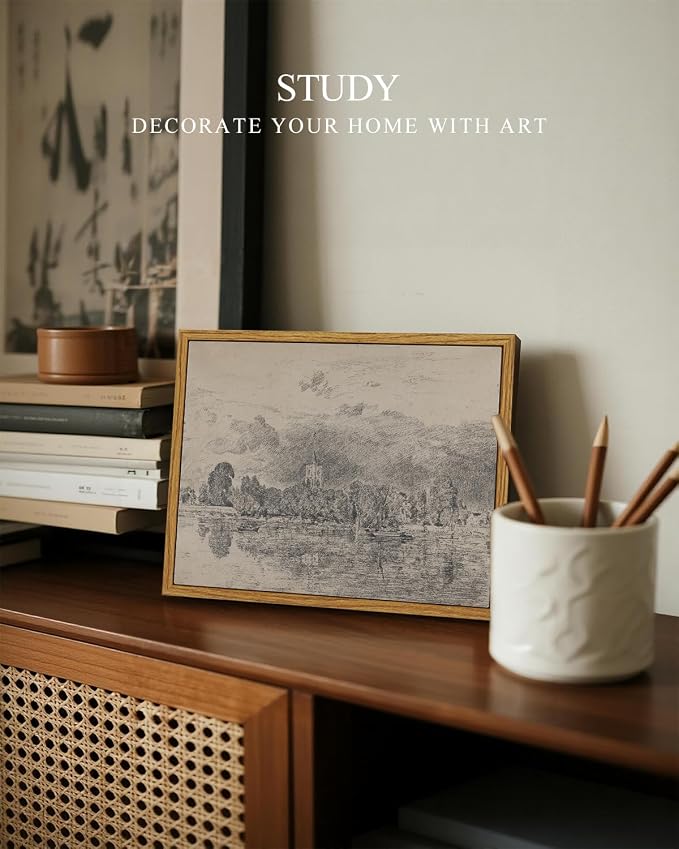 InSimSea Framed Canvas Wall Art, Neutral Sketch Landscape Painting, Rustic - Image 4