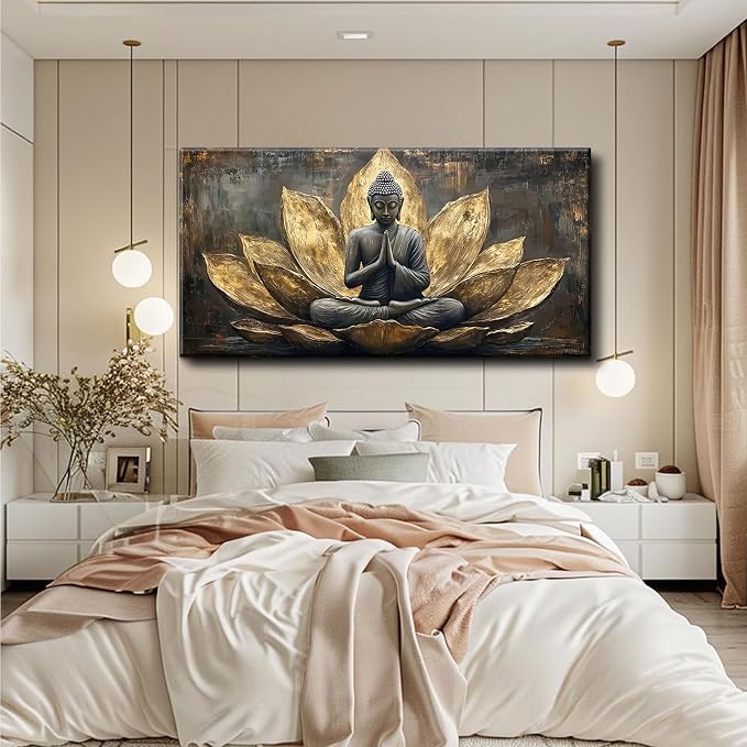 Large Buddha Lotus Canvas Wall Art Abstract Gold and Grey Zen Buddhism Decor - Image 7