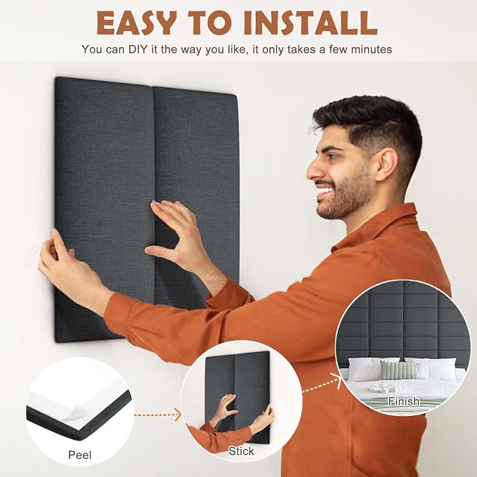 IFNOW Upholstered Wall Mounted Headboard, 3D Soundproof Wall Panels Peel and - Image 5