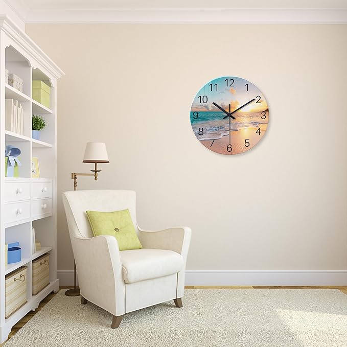 Blue Wall Clock Silent Glass Beach Wall Clock - Image 4