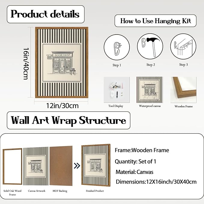 Vintage Striped Bookshop Wall Art, Retro Black and White Pictures Wall Decor - Image 4