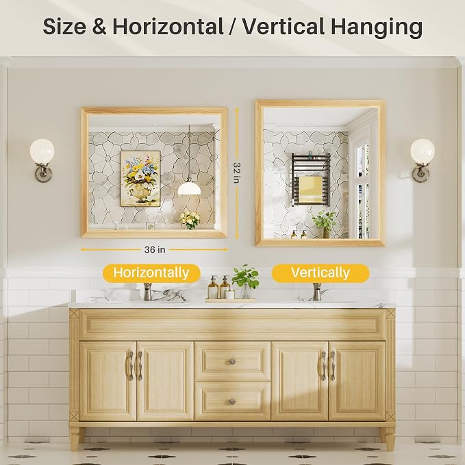 36x32 Inch Bathroom Mirror for Wall, Anti-Rust Oak Wood Grain Metal Framed - Image 7