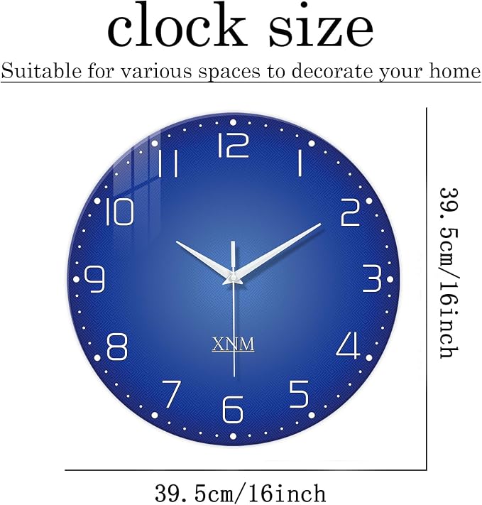 XNM Big Minimalist Glass Wall Clocks Battery Operated 16 Inch Blue Modren Wall - Image 3