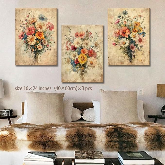KISSFOX Framed Colorful Wildflower Canvas Wall Art Set Of 3 Flowers Pictures - Image 2