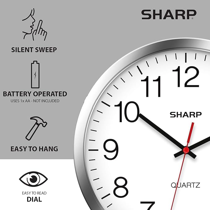 Sharp Wall Clock – Silver/Chrome, Silent Non Ticking 12 Inch Quality Quartz - Image 5