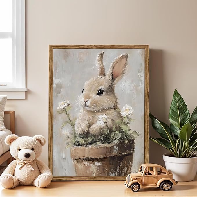 Framed Vintage Easter Bunny Wall Art, Cute Cottagecore Rabbit Floral Pictures - Image 3