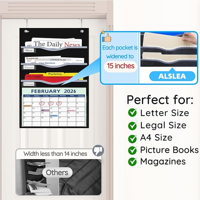 ALSLEA 4 Pockets Hanging Wall File Organizer 15" Extra Wide Pocket Chart - Image 2