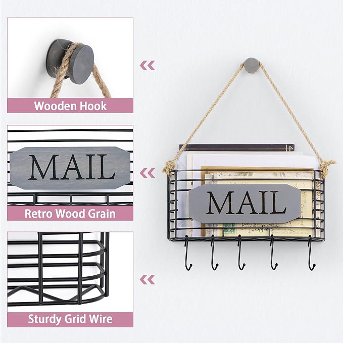 SRIWATANA Mail Holder Wall Mount, Mail Organizer Key Holder - Image 3