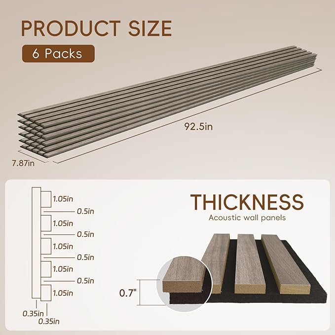 EVERECO 6 Pack Wood Slat Acoustic Wall Panels 92.5" × 7.87", 3D Sound Absorbing - Image 2