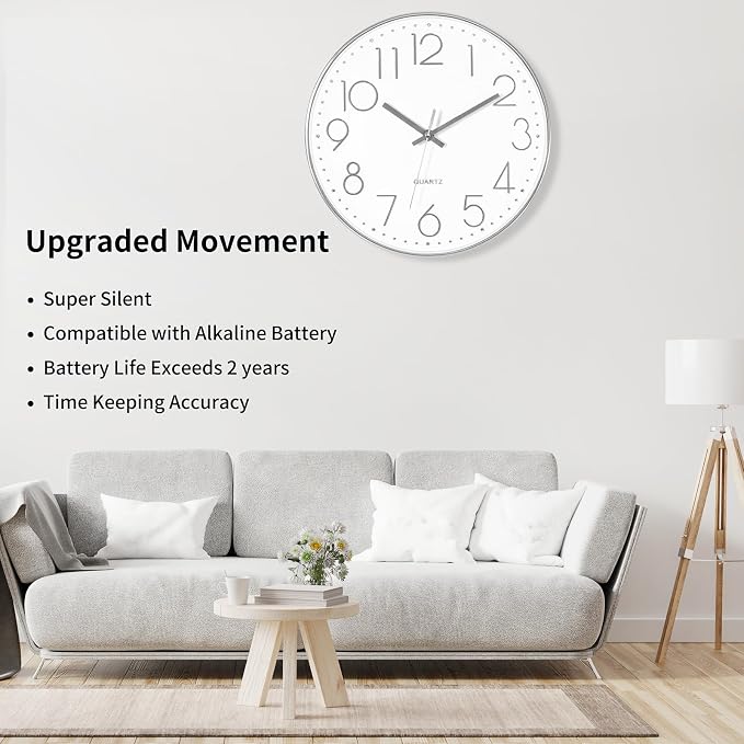 Foxtop Large Silver Wall Clock 14 Inch Silent Non-Ticking Battery Operated - Image 3