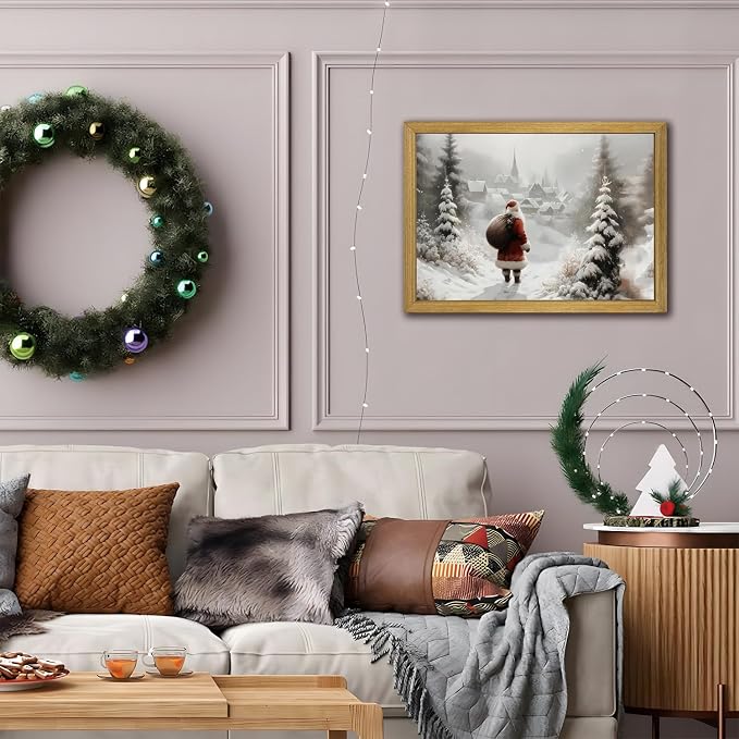 Vintage Christmas Canvas Wall Art, Wood Framed Santa Claus Wall Decor Painting - Image 2