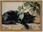 Framed Black Cat Canvas Wall Art, Vintage Sleeping Cat by Unknown