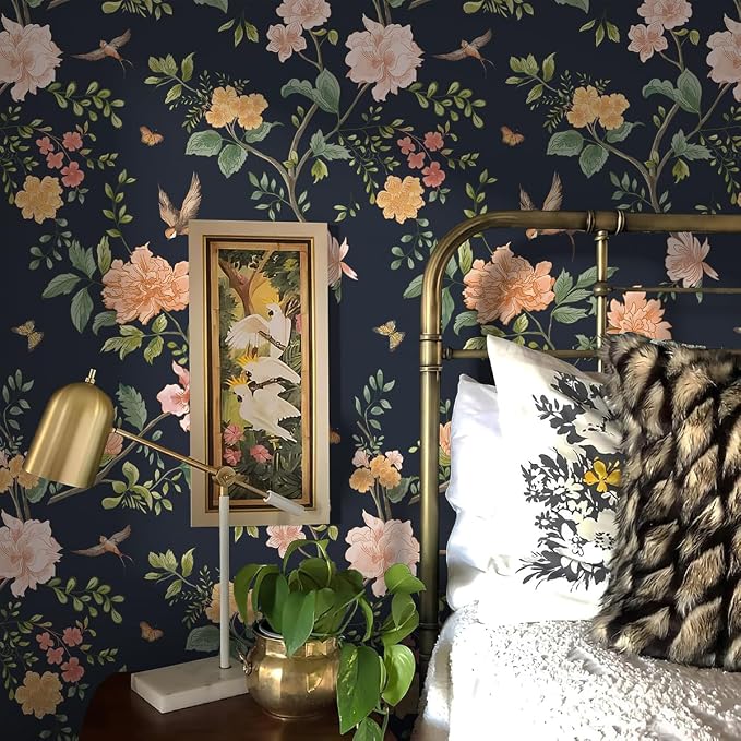 Froluya Dark Blue Floral Peel and Stick Wallpaper Vintage Floral Contact Paper - Image 2