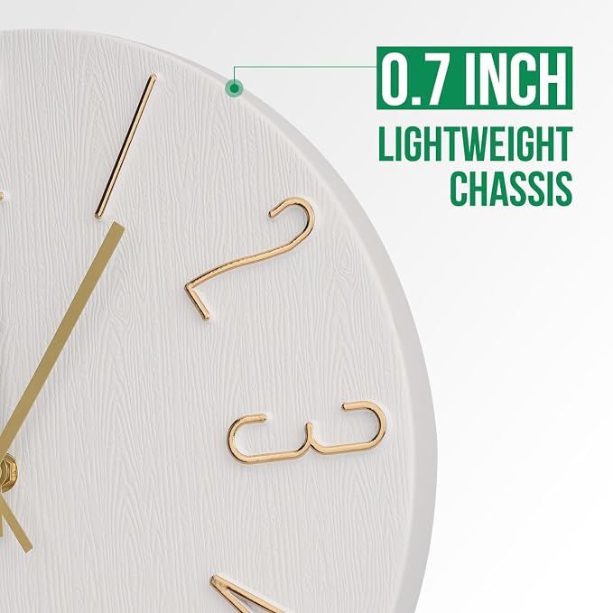 Wall Clock 12 Inch Silent Non-Ticking Imitation Wood Indoor Clock Round White - Image 4