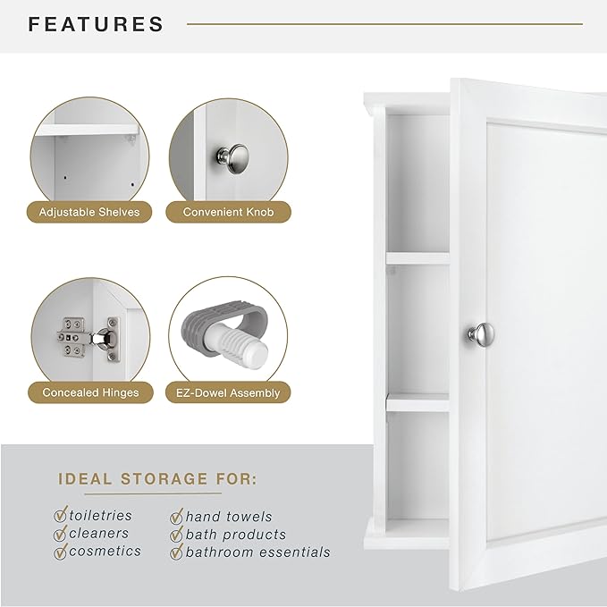 MCS 23x18 White Medicine Cabinet Organizer, Wall Mounted Bathroom Cabinet - Image 4