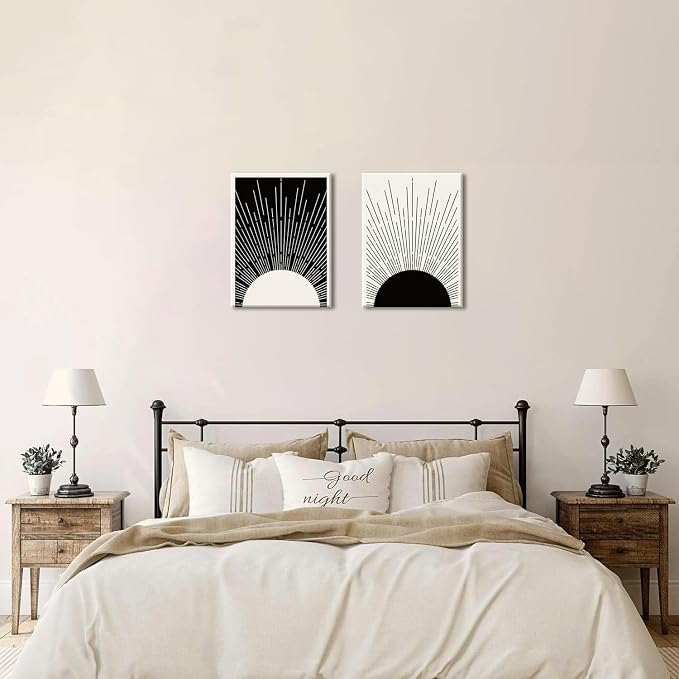 Hwetui Framed Boho Sun Wall Art Set of 2 Black and White Minimalist Sunrise - Image 6