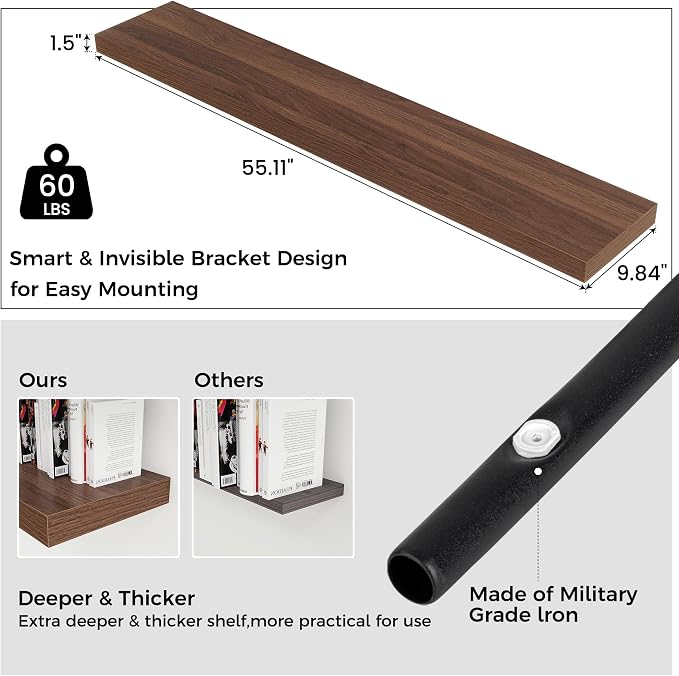 Floating Shelves for Wall 55 inch Long, Engineered Wood Large Wall Shelves - Image 3