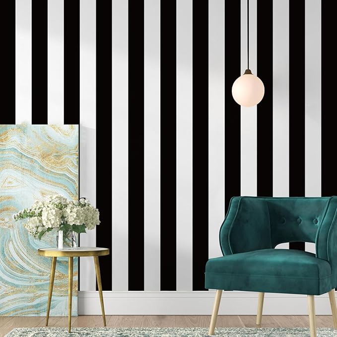 Jeweluck Black and White Wallpaper Peel and Stick Wall Paper 17.7”x393.7” Black by Jeweluck