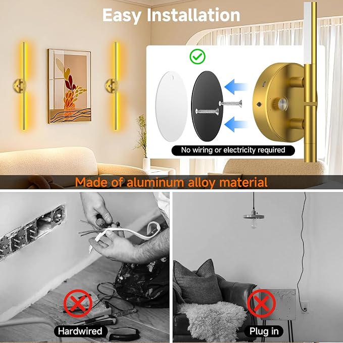 Battery Operated Wall Sconce of 2, 360°DIY Rotatable, Wireless Magnetic Wall - Image 5
