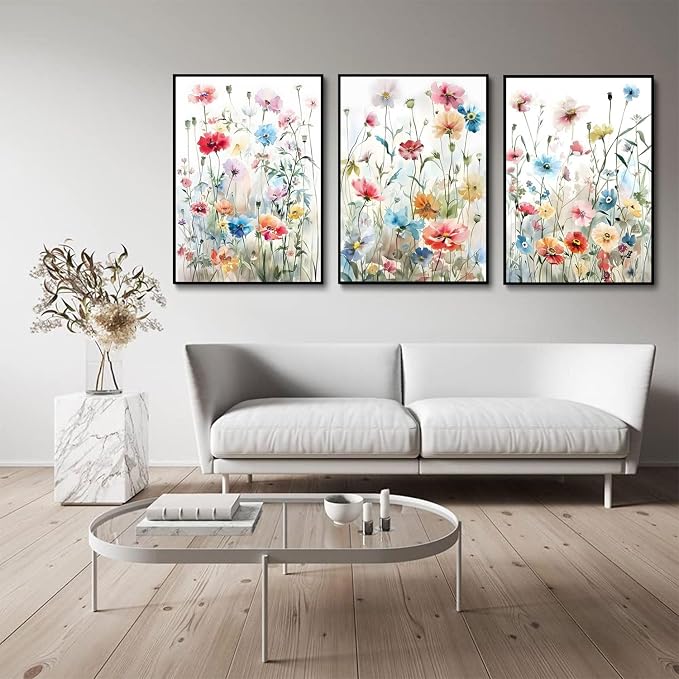 KISSFOX Framed Colorful Wildflower Canvas Wall Art Set Of 3 Flowers Pictures - Image 3