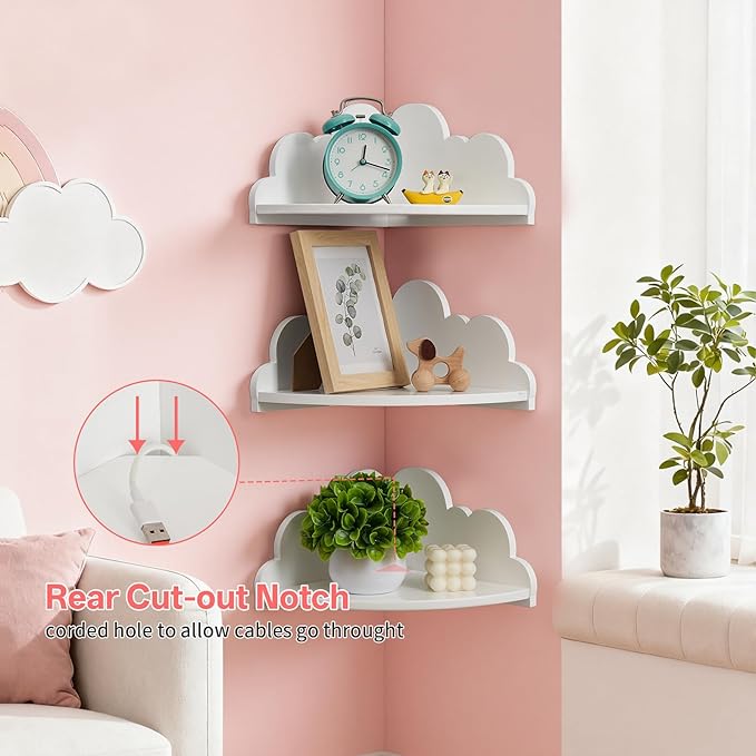 Cloud Corner Floating Shelves，Set of 3 White Corner Wall Shelf Floating Wooden - Image 3