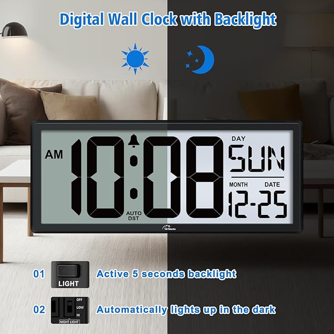 WallarGe Backlight Digital Wall Clock Battery Operated - - Image 2